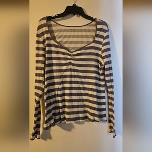 Lane Bryant Navy and Cream Striped Long Sleeve Tee